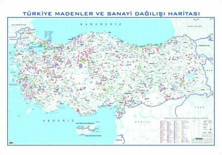 Türkiye Madenler ve sanayi Dağılışı Haritası 80X135 CM